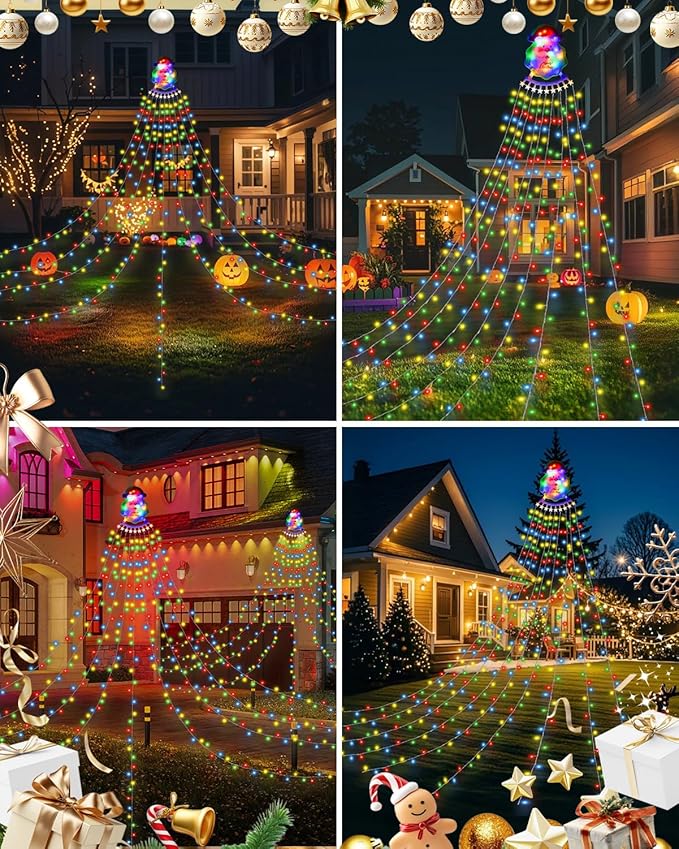 Christmas Decorations Outdoor String Lights - 335 LED 11.48ft 9 Strands Waterfall Tree Lights with Topper, 8 Lighting Modes Christmas Lights Indoor Decorative for Wedding Yard Party Home