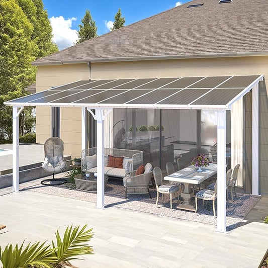 AECOJOY 16' x 8' White Gazebo Outdoor Pergola for Patio, Hard Top Lean to 8x16 Gazebo Shelter Pergolas and Gazebos Clearance with Roof, Large Wall-Mounted Heavy Duty Awnings for Patio