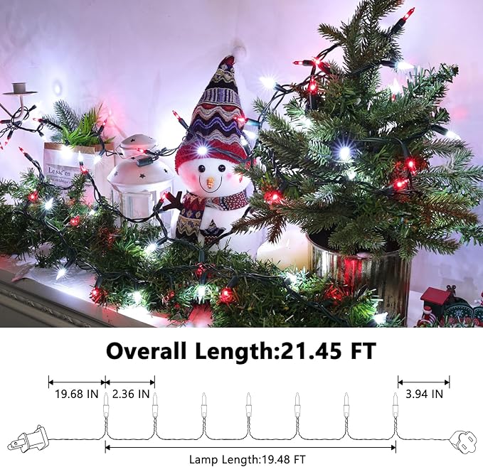 Christmas Lights -1 Pack 21.5FT 100LED Conectable Waterproof String Lights Brighter Detachable Plug-in Lights Indoor & Outdoor for Christmas decorationr(Red & White)