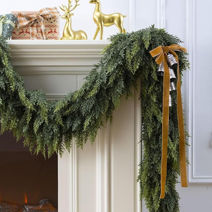 2 Pcs 6FT Christmas Cedar Garland - Thick & Lush Realistic Artificial Green Faux Cedar Pine Needles Garland for Christmas Winter Home Mantel Fireplace Holiday Party Decor