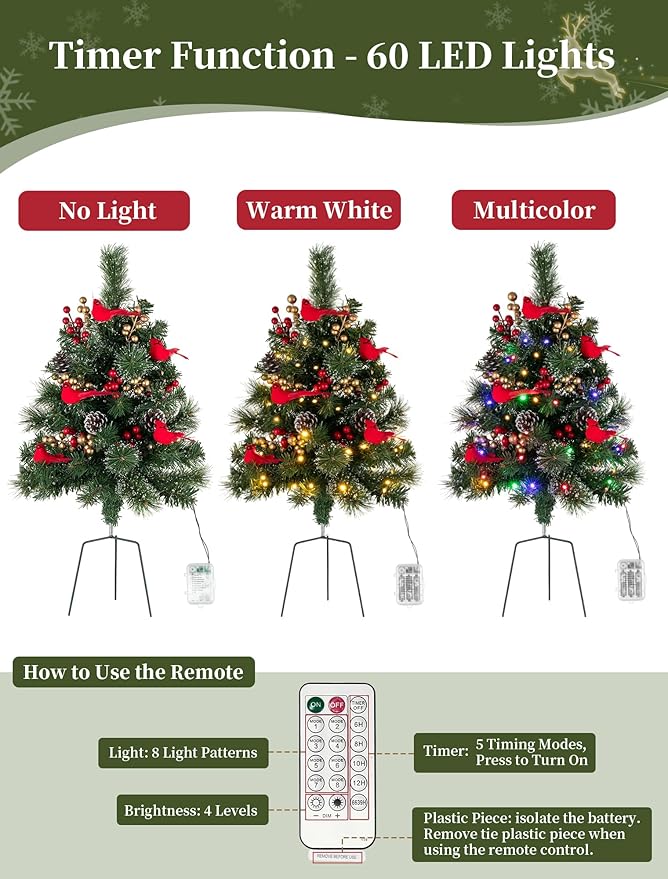 BLOSMON Outdoor Christmas Tree for Porch: 2 Sets 24 Inch Timer Prelit Planter Bushes with 10 Red Cardinals - Remote 60 Lights 8 Modes - Small Pot Urn Filler for Front Door Pathway Yard Decor