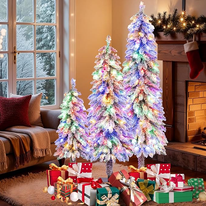 GOFLAME Set of 3 Pre-lit Pencil Christmas Tree, Snow Flocked Artificial Xmas Trees 3Ft, 4Ft and 5Ft with Multi-Colored LED Lights, Slim Christmas Tree, Holiday Decoration Tree with Metal Base