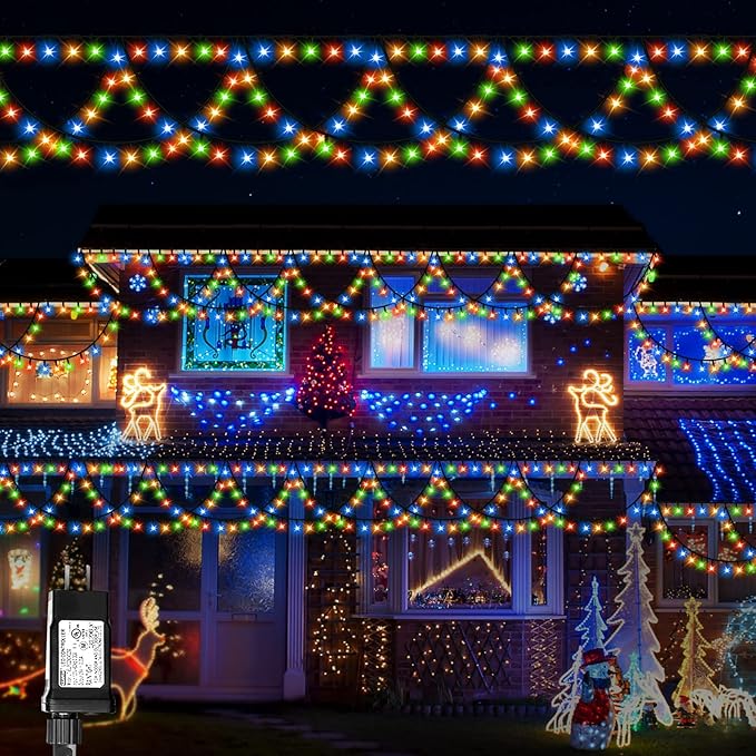 XTF2015 Christmas Lights Outdoor Color Changing 40FT 380 LED Christmas String Lights Extendable 8 Modes, Waterproof Half Round Christma s Light for House Roof Eaves Garden Patio(Multicolor)