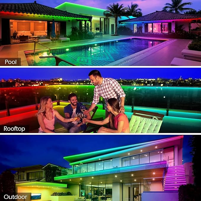 Outdoor LED Strip Lights Waterproof,IP68 Outside Led Light Strips Waterproof with Bluetooth App Remote Control,Music Sync RGB Exterior Led Rope Lights,for Balcony,Deck (200ft Outdoor LED Strip Lights)