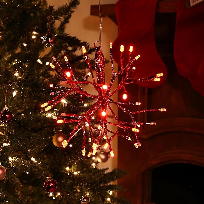 Alpine Corporation 10" H Indoor Christmas Twig 3D Hanging Snowflake Ornament with LED Lights, Red, Christmas Decoration
