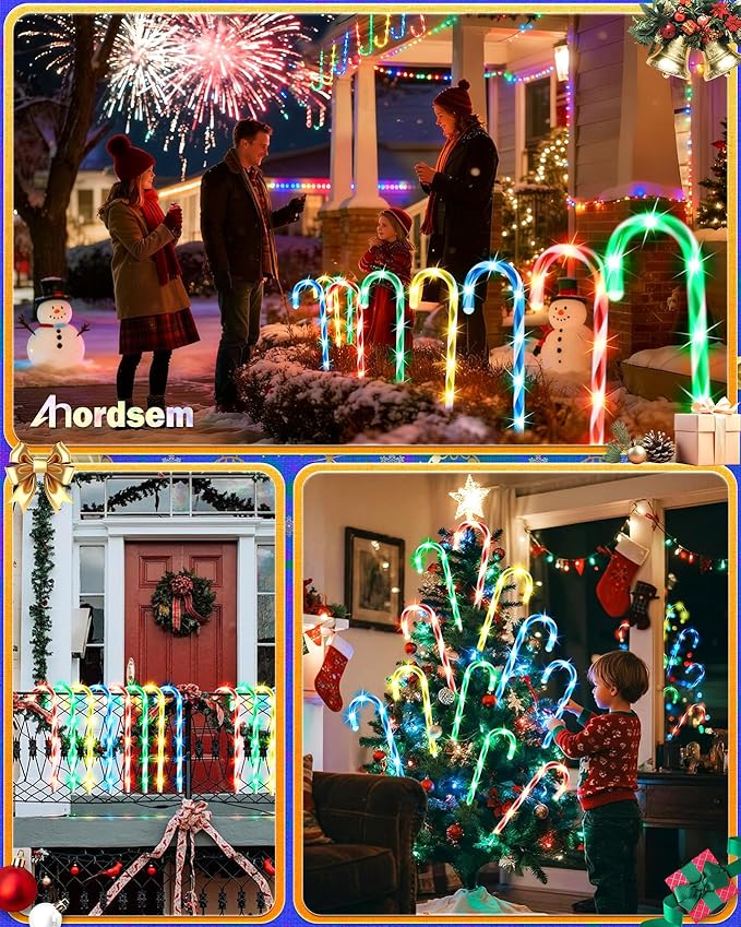 Anordsem Solar Christmas Decorations Outdoor: 21" Candy Cane Stake Lights 12 Pack - Waterproof LED 8 Colorful Lighting Models for Pathway Yard Garden Xmas Decor - 2026 New Year Gifts for Homeowners