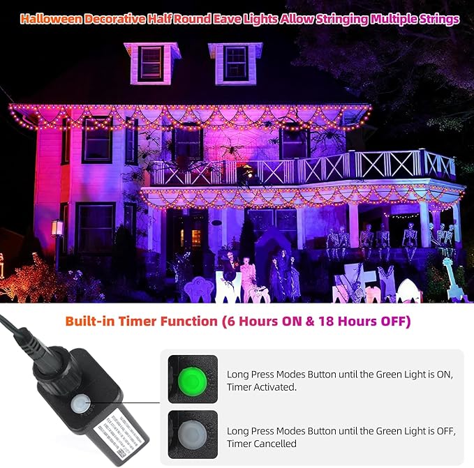 XTF2015 Halloween Lights Outdoor Color Changing 40FT 380 LED Orang Purple Halloween String Lights Extendable 8 Modes, Waterproof Half Round Hallowee n Light for House Roof Eaves Garden Patio