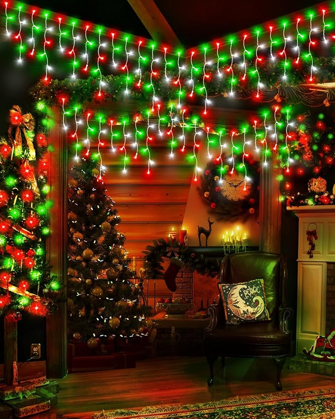 106 FT Christmas Lights Outdoor, 972 LED Waterproof Outside Christmas Lights Plug in, Connectable 8 Modes Hanging Fairy Lights with 216 Drops for House Eaves Yard Patio Decoration,Red Green and White