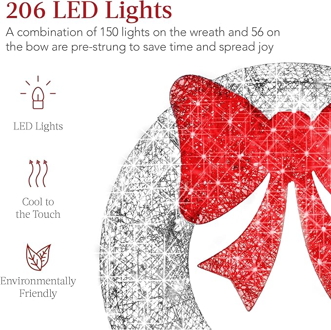Best Choice Products 60in Pre-Lit Outdoor Christmas Wreath Decoration, LED Metal Holiday Decor for Home Exterior, Garden w/ 206 Lights, Bow - Silver/Red