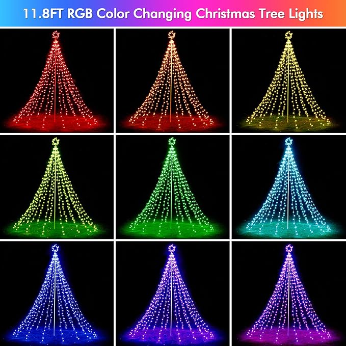 Outdoor Christmas Decorations, 12FT 488LED RGB Color Changing Waterfall Christmas Tree Lights with Iron Pole, APP Remote Control, DIY Multi-Color Lightshow, Music Sync, Xmas New Year Decor