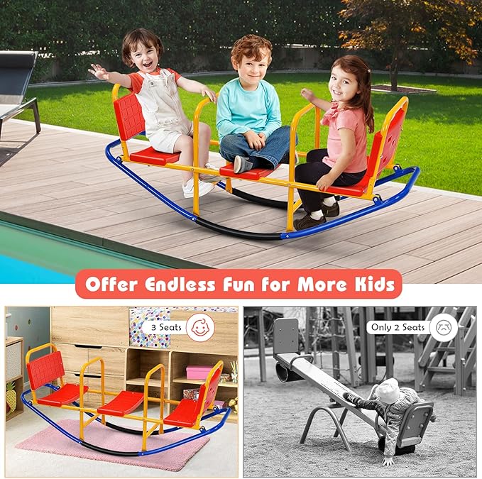 HONEY JOY Kids Seesaw Teeter Totter, 3-Person Heavy Duty Metal Playground Equipment for Backyard, Indoor Outdoor Rocking Fun for Toddlers Boys Girls Age 3-8, Teeter Totter for Kids Outdoor(Red)