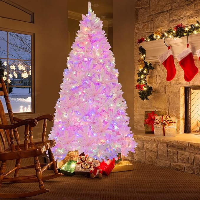 GOFLAME 7FT Pre-Lit Artificial Christmas Tree Snow Flocked, Hinged Xmas Tree with 1200 PVC Branch Tips, 500 LED Lights & 8 Lighting Modes, Holiday Decoration Tree for Home, Office, Party, Pink