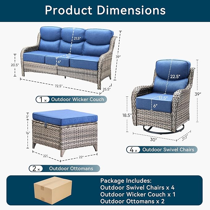 Luxury High Back Outdoor Furniture with 6-Inch Thick Cushions, Patio Furniture Set with Swivel Chairs, 7 PCS Wicker Conversation Set for Porch, Balcony, Deck and Yard