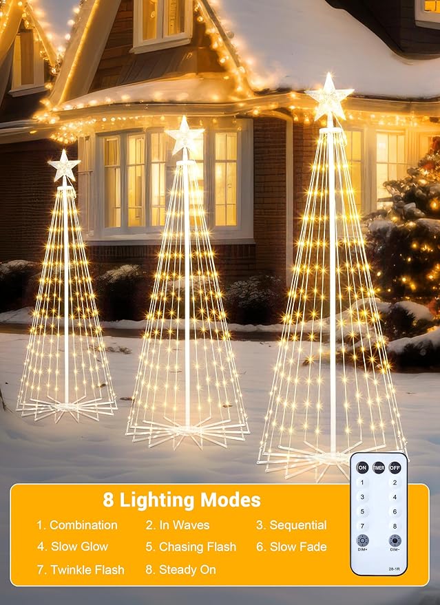Outdoor Christmas Cone Tree Light with Remote, 3Set Outdoor Lightshow Christmas Tree with Star Topper, Dimmable Artificial Christmas Tree for Porch Yard Patio Indoor Christmas Decorations, Warm White