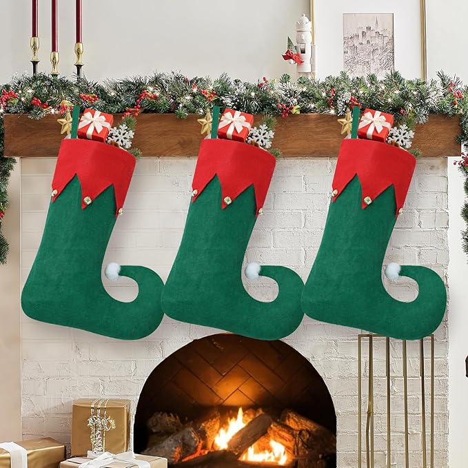 12 Pack Christmas Elf Stockings, Felt Elf Christmas Stocking with Bells Hanging Stockings, Green Xmas Stockings for Family Christmas Holiday Decorations