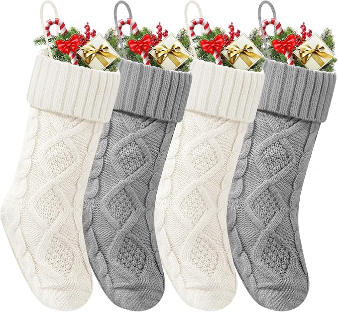 Christmas Stockings 18 Inches,Long Knitted Socks Christmas Decoration Hanging Stocking Fireplace Xmas Tree Stocking for Home Family（2white+2gray）