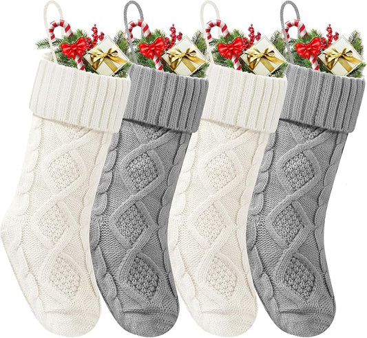 Christmas Stockings 18 Inches,Long Knitted Socks Christmas Decoration Hanging Stocking Fireplace Xmas Tree Stocking for Home Family（2white+2gray）