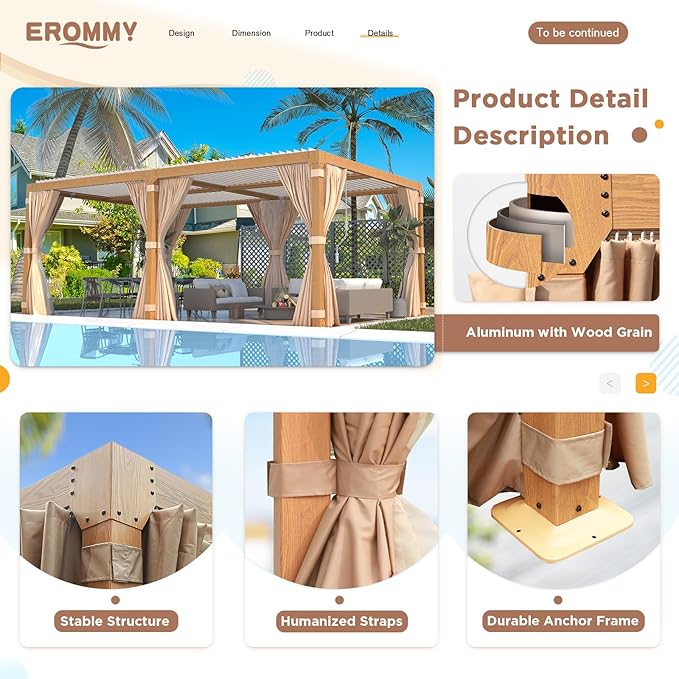 EROMMY Louvered Pergola 12' x 20' Outdoor Hard Top Gazebo with Wooden Grain Aluminum Frame and Adjustable Metal Rainproof Roof for Garden & Patio, Curtains and Netting Included, Wood Grain