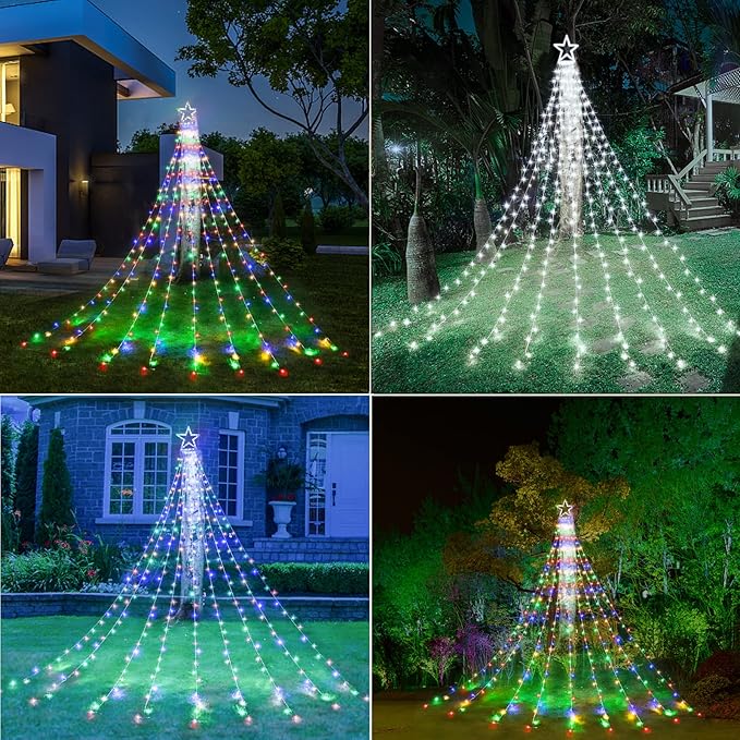 Decute Outdoor Christmas Decorations Star String Lights Color Changing Timer with Remote, Waterproof 320 Led Tree Toppers Fairy Lights for Yard Garden Backyard Holiday Decor Cool White + Multi-Color