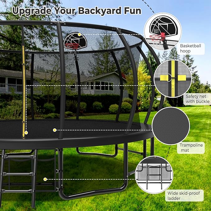 Lyromix 12 14 15 16FT Outdoor Trampolines for Kids and Adults, Pumpkin Trampolin with Curved Poles, Recreational Trampolin with Basketball Hoop and Safety Enclosure Net for Kids and Adults