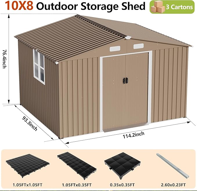 10x8FT Outdoor Storage Shed with Floor & Lockable Sliding Doors,Metal Storage Shed with 1 Air Vents,Waterproof Garden Shed for Backyard,Patio, Lawn,(Brown,Base Included)
