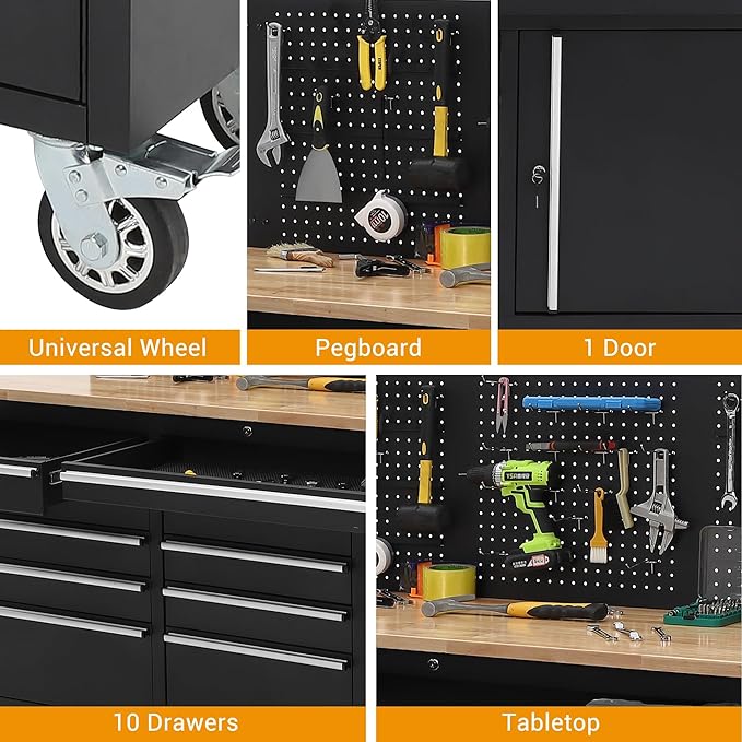 Tool Chest, 61 Inch Tool Box Mobile 9 Drawers Storage Rolling Cabinet with Wheels Lock Key Locking System Drawer Liners for Garage Warehouse Repair Shop, Black