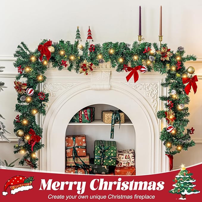 9 FT Pre-Lit Christmas Garland with 50 LED Lights Red Bows Flowers, Indoor Outdoor Lighted Garland for Stairs, Mantle, Door, Fireplace, Banister, Staircase, Holiday Christmas Decor, Battery Operated