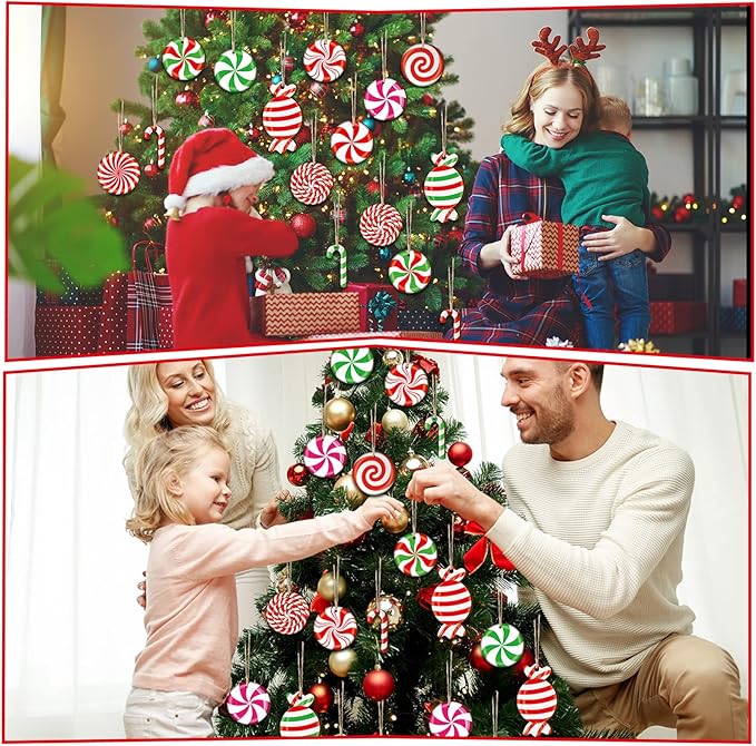 Qunclay 36 Pieces Candy Cane Christmas Ornaments Christmas Wood Hanging Decor Xmas Tree Wood Cutouts Peppermint Decor for Home Party Decoration Supplies (Colorful Candy)