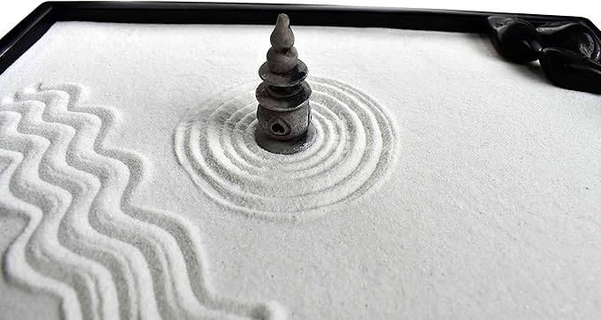 Artcome Japanese Zen Sand Garden for Desk with Rake, Stand, Rocks and Mini Furnishing Articles - Office Table Accessories, Mini Zen Sand Garden Kit - Meditation Gifts