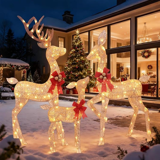 3-Piece Lighted Christmas Deer Family - HOLILITE 4.5ft 3D Pre-Lit Reindeer Outdoor Decorations with 210 LED Lights, Yard/Garden/Patio Holiday Display - Gold