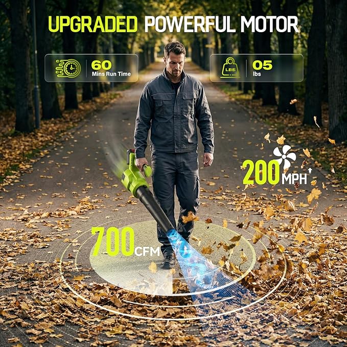 Electric Leaf Blower Cordless, 200 MPH Wind Speed, 21V 2 x 4.0Ah Batteries and Charger, Stepless Speed Control, Portable Powerful Grass Blower for Lawn Care, Patio, Dust, Blowing Leaves