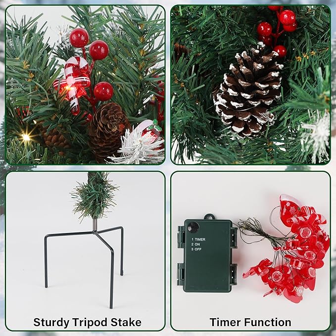 DR.DUDU 15 Inch Outdoor Christmas Decorations Urn Filler for Front Porch- Lighted Christmas Pot Fillers with Stake, Xmas Pine Trees with Timer for Outside Home Décor
