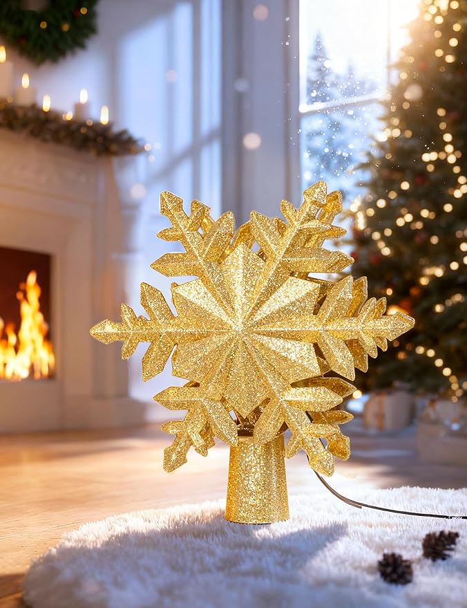DG-Direct Christmas Tree Topper Lighted with 6 Projected Patterns, Led Rotating Magic Snowflake, 3D Hollow Glitter Lighted Silver Snow Tree Topper for Christmas Tree Decorations, Gold