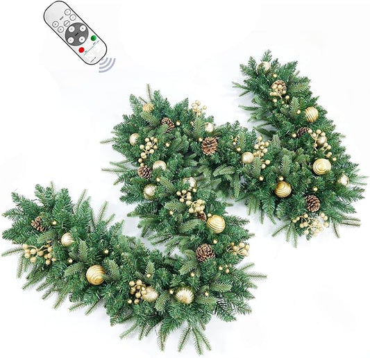 9FT Pre-Lit Artificial Christmas Garland with Dual Color LED Lights and Timer by Remote Control and Batteries Operated, Holiday Decorations, for Indoor Door Home Stairs Fireplaces Wall