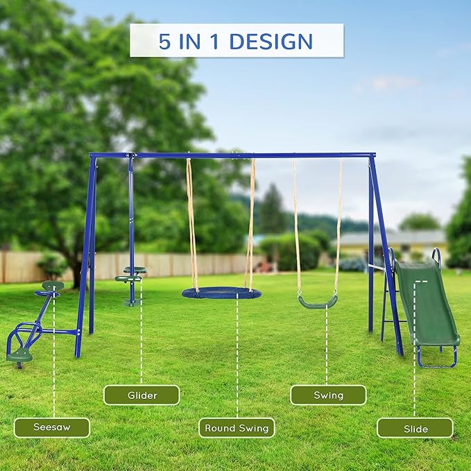 Outsunny Swing Set for Backyard, 5 in 1 Heavy-Duty A-Frame Stand Outdoor Playset for Kids with 29.5 Saucer Swing, Slide, Seesaw, Glider, Swing Seat, Blue