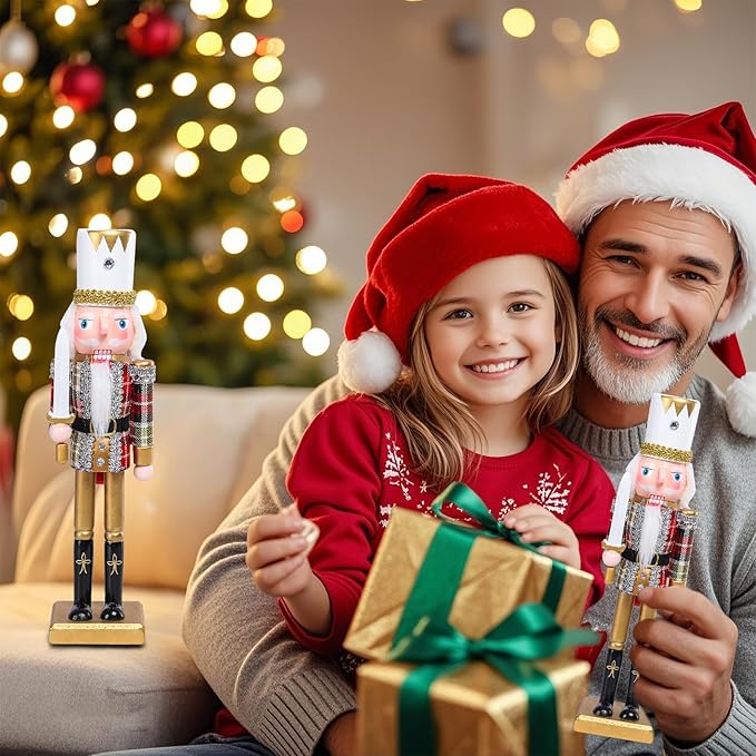 Christmas Nutcracker Decorations Nutcracker Figure 12 Inch Wooden Nutcrackers Collectible Ornament Nutcracker Soldier for Table Desktop Home Christmas Decor Xmas Indoor Decor Plaid Pattern