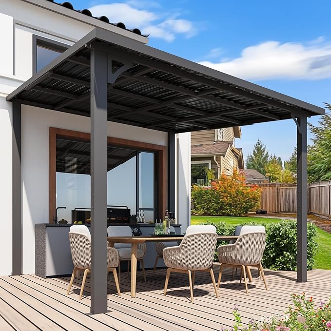 U-MAX 10' x 10' Outdoor Pergola Hardtop Gazebo, Wall-Mounted Heavy Duty Lean to Metal Awnings Gazebos on Clearance for Patio, Large Galvanized Steel Pergolas and Gazebo for Outdoor Use