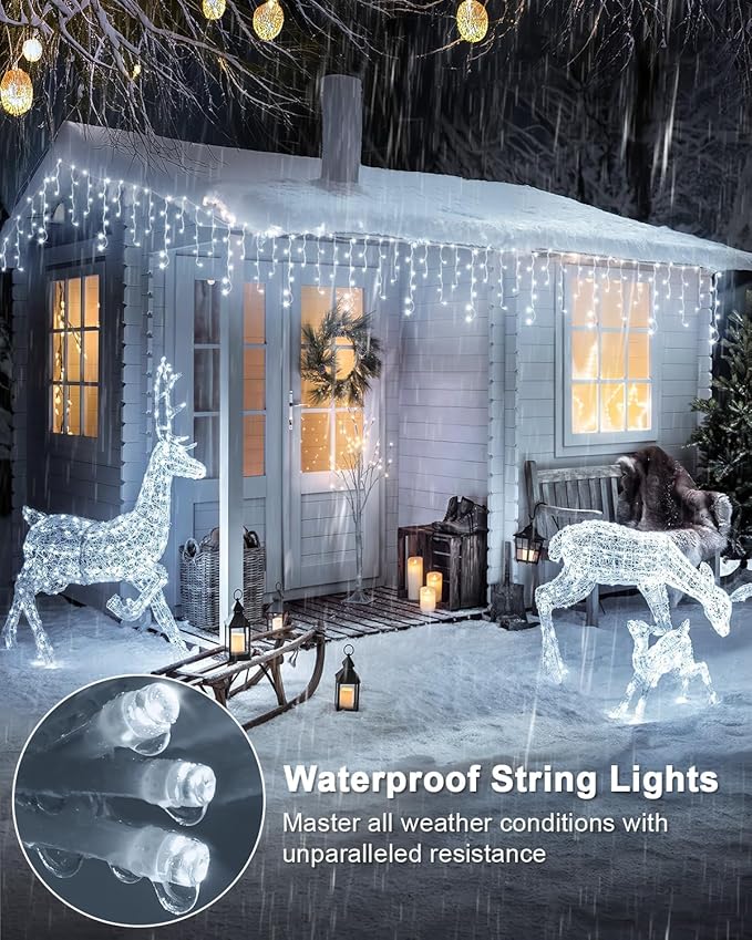 Christmas Lights Outdoor, 53 FT 486 LED Christmas Light for Outside, Timer & Memory, Plug in 8 Modes Hanging Fairy Light with 108 Drops for House Eaves Yard Patio Holidays Decorations, Cool White