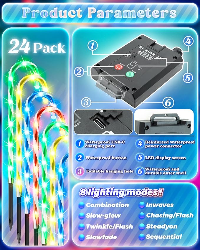 Anordsem Solar Christmas Decorations Outdoor: 21" Candy Cane Stake Lights 24 Pack - Waterproof LED 8 Colorful Lighting Models for Yard Pathway Xmas Tree Decor - 2026 New Year Gifts for Homeowners