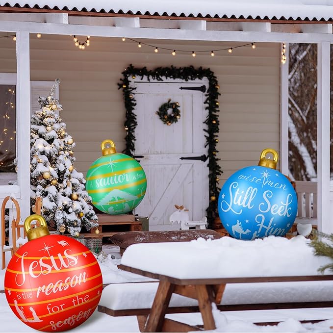 Jetec 4 Pcs Giant Inflatable Christmas Ball Large Xmas Inflatable Ornaments PVC Outdoor Holiday Blow Ball Outside Yard Lawn Porch Decorations (Religious,Cute Color)