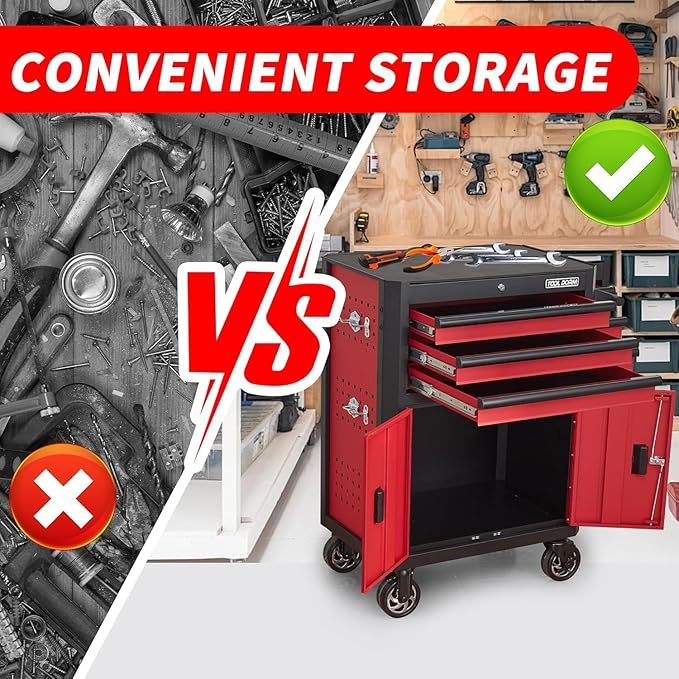Rolling Tool Chest with Locking Wheels - Tool Box with 3 Drawers & 1 Big Tool Cabinet with 2 Door, 18.5 D x 28 W x 40 H Mobile Tool Storage Cabinet, Heavy-Duty Garage Organizer w/Ergonomic Handle