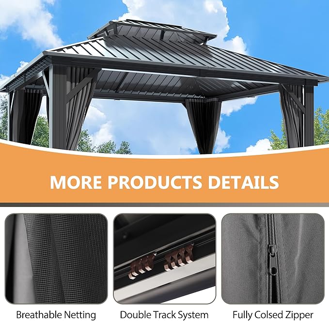 12'x14' Hardtop Gazebo, Outdoor Double Roof Galvanized Steel Gazebo, Aluminum Frame Permanent Pavilion with Curtains & Netting for Backyard, Patio, Deck (12x14)