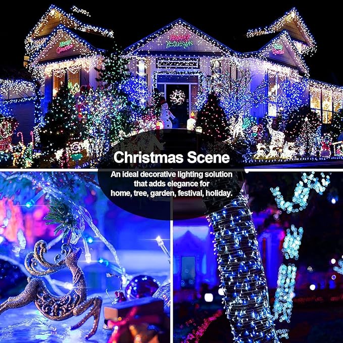 200 FT 500 LED Christmas Lights Outdoor Fairy Lights Plug In Extra Long String Lights Clear Wire Waterproof 8 Modes Timer for Outside House Tree Garden Yard Wedding Party Decorations-Blue & White