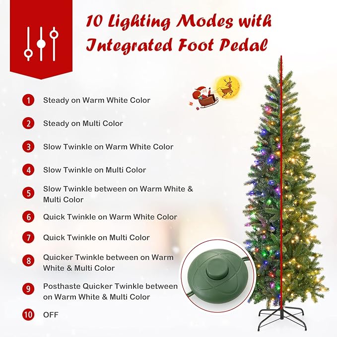 GOFLAME 6ft Pre-lit Pencil Christmas Tree, Artificial Christmas Tree with 270 LED Lights, 10 Light Modes, 648 Branch Tips, Metal Stand, Hinged Xmas Tree for Holiday Festival Decor