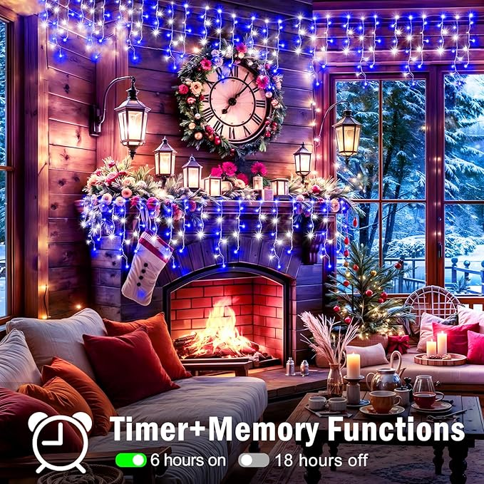 XURISEN 66ft Christmas Lights Decorations Outdoor, 640 LED 8 Modes Curtain Fairy Lights with 120 Drops,Plug in Waterproof Timer Memory Function for Christmas Holiday Wedding Party Decor(Blue+Cool)