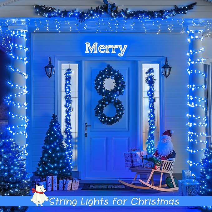 JMEXSUSS 2 Pack 100 LED Blue Christmas Lights Indoor Outdoor, 33ft Connectable Christmas String Lights Plug in, 8 Modes Clear Wire Blue LED Lights for Xmas Tree Yard Bedroom Party Fireplace Decoration