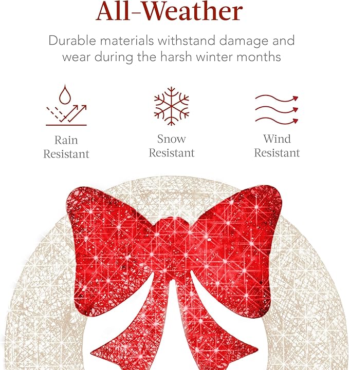 Best Choice Products 36in Pre-Lit Outdoor Christmas Wreath Decoration, LED Metal Holiday Decor for Home w/ 120 Lights, Bow - White/Red