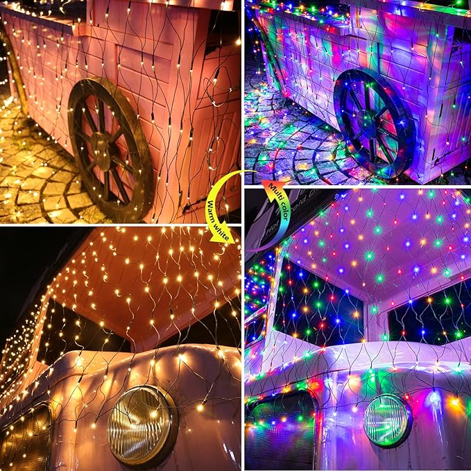 Joomer Color Changing Christmas Net Lights, 12ft x 5ft 360 Bush Mesh LED Lights Connectable, Timer, Waterproof for Bushes, Garden, Outdoor Christmas Decorations (Green Wire -Warm White to Multicolor)