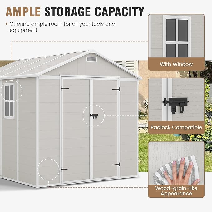 Amopatio 8x8 Storage Shed, Resin Outdoor Shed with Floor Included, Plastic Sheds Outdoor Storage for Bike, Garden Tools, Sheds & Outdoor Storage with Lockable Door, Window & Vents, Sandstone