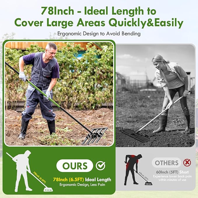 Seeutek Lawn Leveling Rake, 45” x 10” Lawn Leveler with 6.5FT Durable Handle Rakes for Lawns, 0-180° Adjustable Ground Leveler Tool for Yard, Level Soil Sand Dirt Surfaces